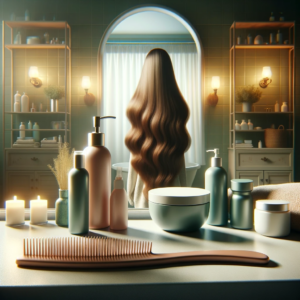 dall·e 2023 12 19 01.47.43 a serene bathroom scene depicting the care of long hair post styling. the image includes a variety of gentle hair care products like a mild shampoo an
